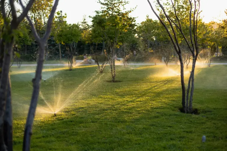 Sistem penyiram taman otomatis menyirami area rumput dan pepohonan di taman hijau.